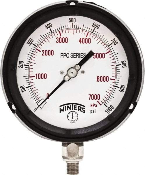 Winters - 4-1/2" Dial, 1/4 Thread, 0-1,000 Scale Range, Pressure Gauge - Bottom Connection Mount, Accurate to ±0.5% of Scale - Eagle Tool & Supply