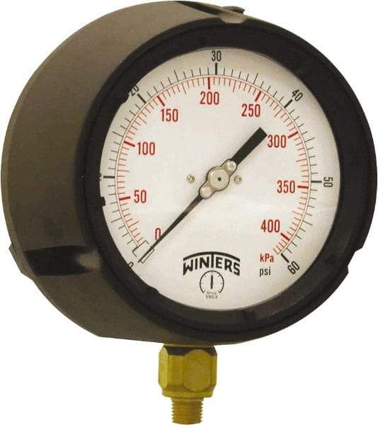 Winters - 4-1/2" Dial, 1/4 Thread, 0-60 Scale Range, Pressure Gauge - Bottom Connection Mount, Accurate to ±0.5% of Scale - Eagle Tool & Supply