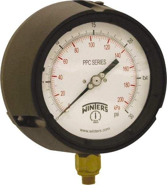 Winters - 4-1/2" Dial, 1/4 Thread, 0-30 Scale Range, Pressure Gauge - Bottom Connection Mount, Accurate to ±0.5% of Scale - Eagle Tool & Supply