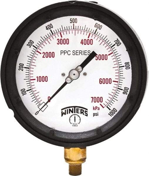 Winters - 4-1/2" Dial, 1/4 Thread, 0-1,000 Scale Range, Pressure Gauge - Bottom Connection Mount, Accurate to ±0.5% of Scale - Eagle Tool & Supply