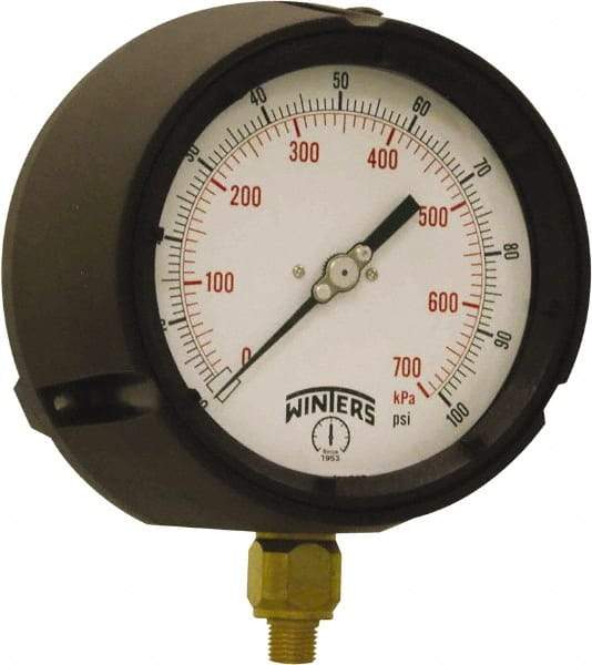 Winters - 4-1/2" Dial, 1/4 Thread, 0-100 Scale Range, Pressure Gauge - Bottom Connection Mount, Accurate to ±0.5% of Scale - Eagle Tool & Supply