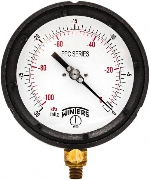 Winters - 4-1/2" Dial, 1/4 Thread, 30-0 Hg VAC Scale Range, Pressure Gauge - Bottom Connection Mount, Accurate to ±0.5% of Scale - Eagle Tool & Supply