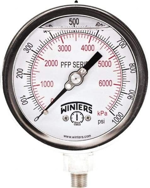 Winters - 4" Dial, 1/4 Thread, 0-1,000 Scale Range, Pressure Gauge - Bottom Connection Mount, Accurate to 0.01% of Scale - Eagle Tool & Supply