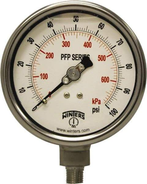 Winters - 4" Dial, 1/4 Thread, 0-100 Scale Range, Pressure Gauge - Bottom Connection Mount, Accurate to 0.01% of Scale - Eagle Tool & Supply