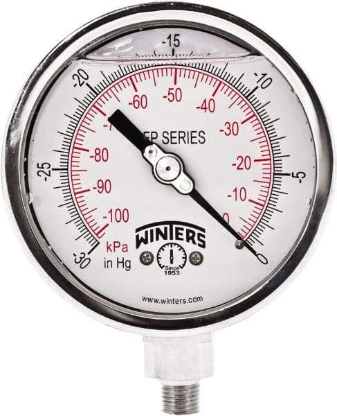 Winters - 4" Dial, 1/4 Thread, 30" HG Vac Scale Range, Pressure Gauge - Bottom Connection Mount, Accurate to 1% Full-Scale of Scale - Eagle Tool & Supply