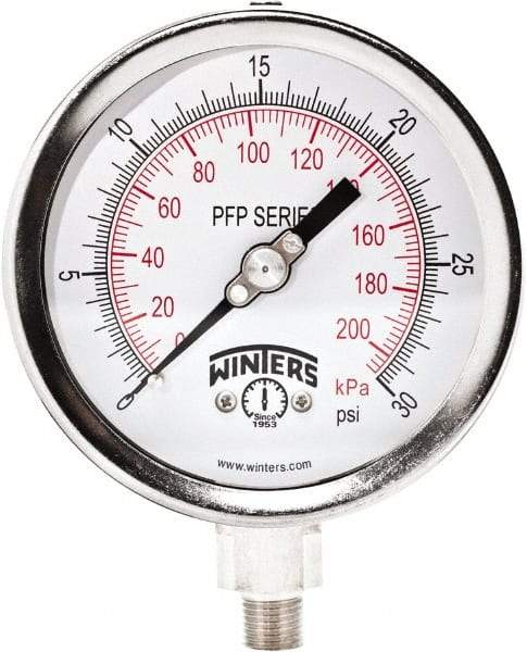 Winters - 4" Dial, 1/4 Thread, 0-30 Scale Range, Pressure Gauge - Bottom Connection Mount, Accurate to 0.01% of Scale - Eagle Tool & Supply