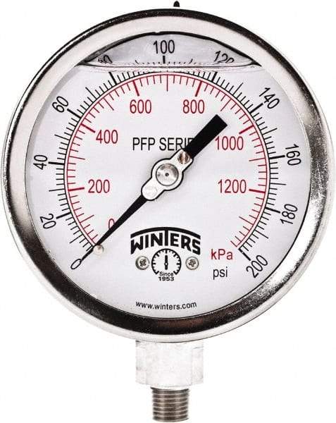 Winters - 4" Dial, 1/4 Thread, 0-200 Scale Range, Pressure Gauge - Bottom Connection Mount, Accurate to 0.01% of Scale - Eagle Tool & Supply