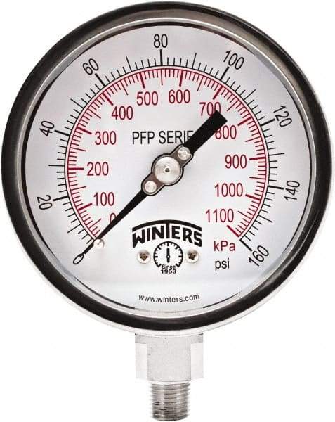 Winters - 4" Dial, 1/4 Thread, 0-160 Scale Range, Pressure Gauge - Bottom Connection Mount, Accurate to 0.01% of Scale - Eagle Tool & Supply