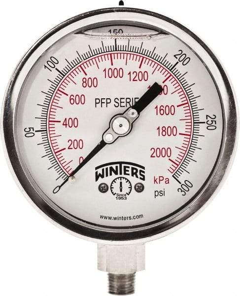 Winters - 4" Dial, 1/4 Thread, 0-300 Scale Range, Pressure Gauge - Bottom Connection Mount, Accurate to 0.01% of Scale - Eagle Tool & Supply