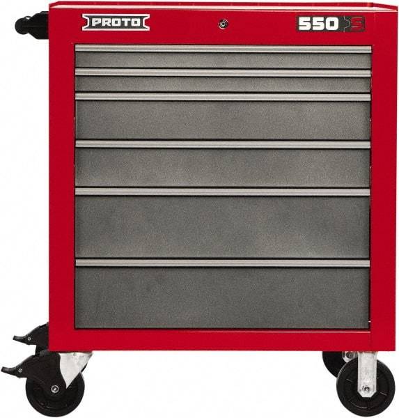 Proto - 6 Drawer Steel Tool Roller Cabinet - 34" Wide x 41" High x 25-1/4" Deep, Ball Bearing Drawer Slides, Safety Red/Gray - Eagle Tool & Supply
