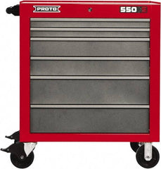 Proto - 6 Drawer Steel Tool Roller Cabinet - 34" Wide x 41" High x 25-1/4" Deep, Ball Bearing Drawer Slides, Safety Red/Gray - Eagle Tool & Supply