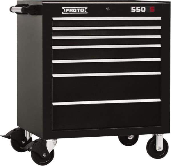 Proto - 7 Drawer Steel Tool Roller Cabinet - 34" Wide x 41" High x 25-1/4" Deep, Ball Bearing Drawer Slides, Black - Eagle Tool & Supply