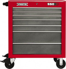 Proto - 7 Drawer Steel Tool Roller Cabinet - 34" Wide x 41" High x 25-1/4" Deep, Ball Bearing Drawer Slides, Safety Red/Gray - Eagle Tool & Supply