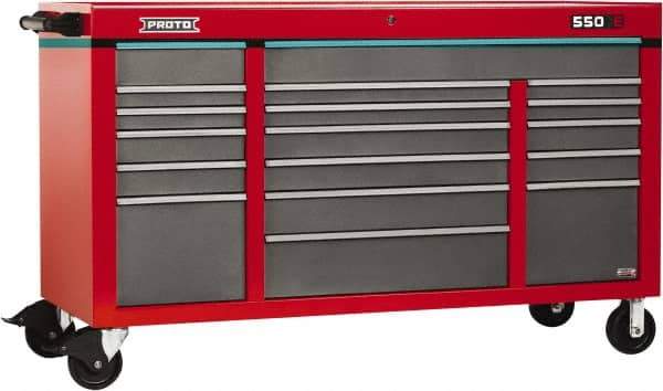 Proto - 30,144 Lb Capacity, 18 Drawer Mobile Power Workstation - 67" Wide x 25-1/4" Deep x 41" High, Steel, Safety Red & Gray - Eagle Tool & Supply
