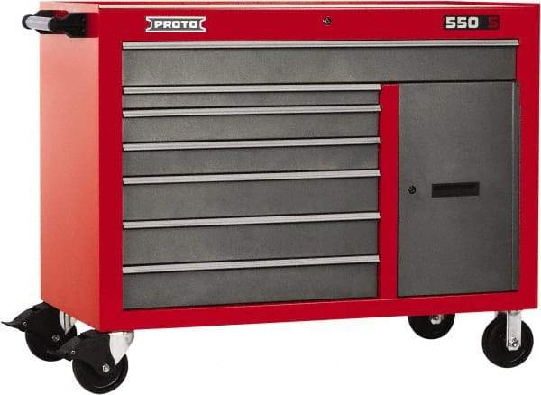 Proto - 18,109 Lb Capacity, 7 Drawer Mobile Workstation - 50" Wide x 25-1/4" Deep x 41" High, Steel, Safety Red & Gray - Eagle Tool & Supply
