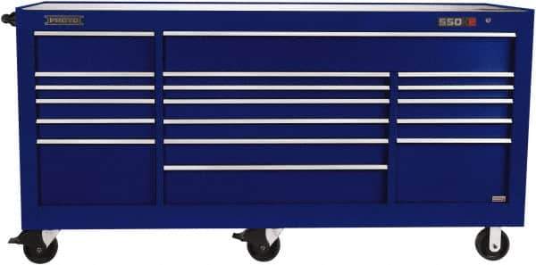 Proto - 48,654 Lb Capacity, 18 Drawer Mobile Workstation - 88-1/4" Wide x 27" Deep x 46-3/8" High, Steel, Blue - Eagle Tool & Supply