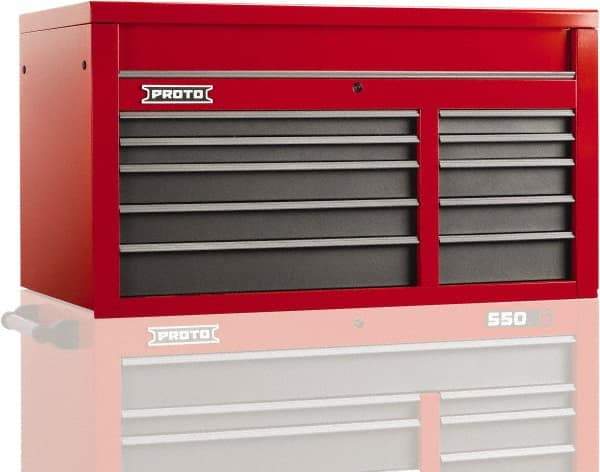 Proto - 10 Drawer Top Tool Chest - 50" Wide x 25-1/4" Deep x 27" High, Steel, Safety Red/Gray - Eagle Tool & Supply