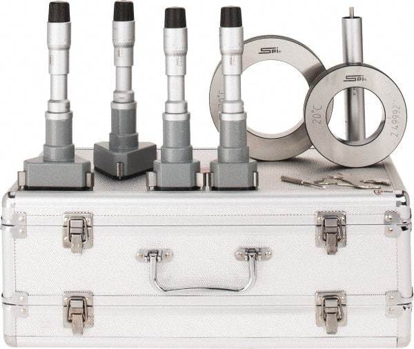 SPI - 4 Piece, 2 to 4", Chrome Plated Coated, Mechanical Inside Micrometer Set - 0.0002" Graduation, 6" Extension Rod Length, (2) Setting Rings Included - Eagle Tool & Supply