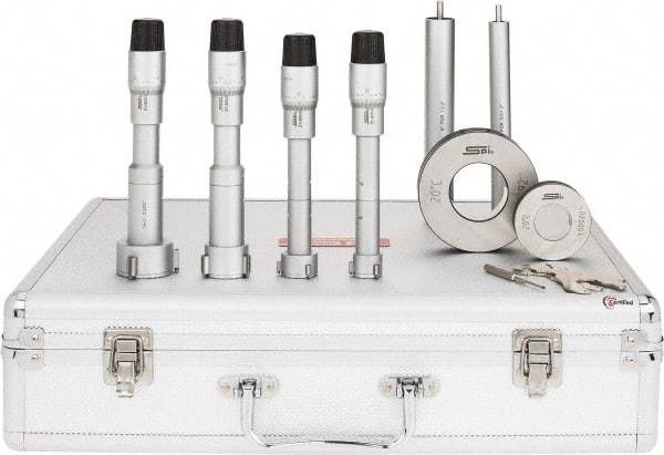 SPI - 4 Piece, 0.8 to 2", Chrome Plated Coated, Mechanical Inside Micrometer Set - 0.0002" Graduation, 6" Extension Rod Length, (2) Setting Rings Included - Eagle Tool & Supply