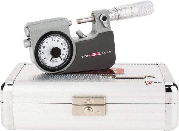 SPI - 0 to 25mm Range, 0.001mm Graduation, Mechanical Indicating Micrometer - Accurate to 0.002mm, Carbide Measuring Face - Eagle Tool & Supply