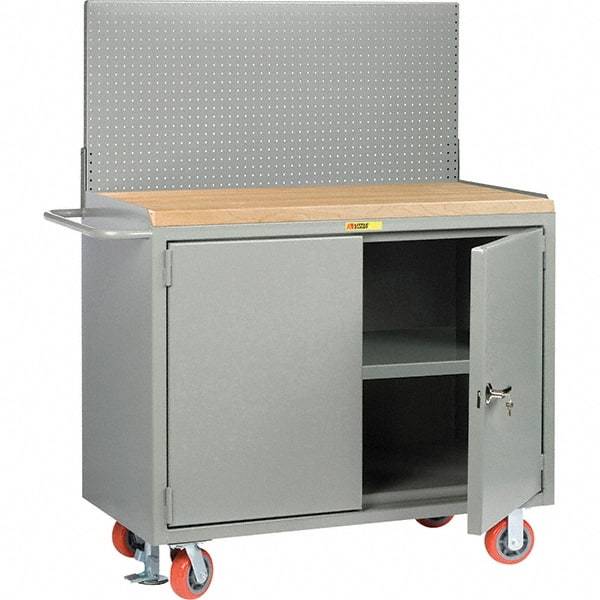Little Giant - 3,600 Lb Capacity, 3 Shelf, 2 Door Mobile Bench Cabinet with Pegboard Panel - 41" Wide x 24" Deep x 43" High, Steel, Gray - Eagle Tool & Supply