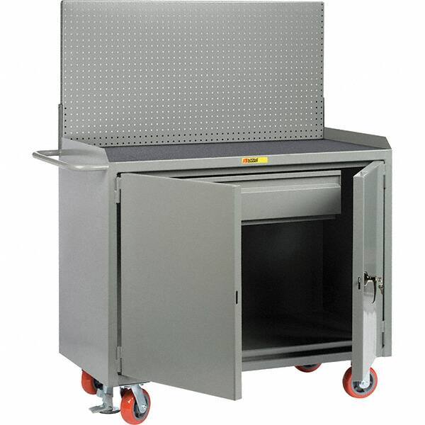 Little Giant - 3,600 Lb Capacity, 2 Shelf, 1 Drawer, 2 Door Mobile Bench Cabinet with Pegboard Panel - 53" Wide x 24" Deep x 43" High, Steel, Gray - Eagle Tool & Supply