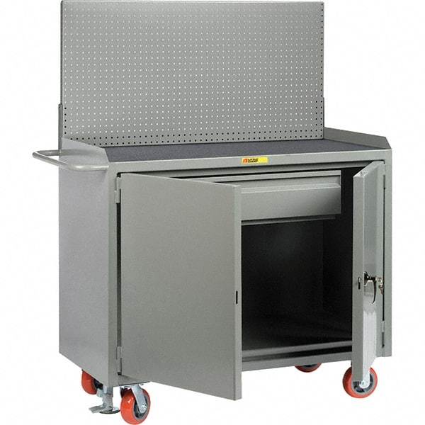 Little Giant - 3,600 Lb Capacity, 2 Shelf, 1 Drawer, 2 Door Mobile Bench Cabinet with Pegboard Panel - 41" Wide x 24" Deep x 43" High, Steel, Gray - Eagle Tool & Supply