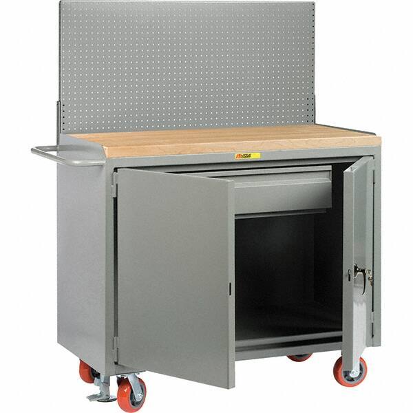 Little Giant - 3,600 Lb Capacity, 2 Shelf, 1 Drawer, 2 Door Mobile Bench Cabinet with Pegboard Panel - 53" Wide x 24" Deep x 43" High, Steel, Gray - Eagle Tool & Supply