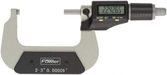 Fowler - 2 to 3" Range, 0.00005" Resolution, Standard Throat IP54 Electronic Outside Micrometer - 0.0002" Accuracy, Ratchet Stop Thimble, Carbide Face, CR2032 Battery - Eagle Tool & Supply