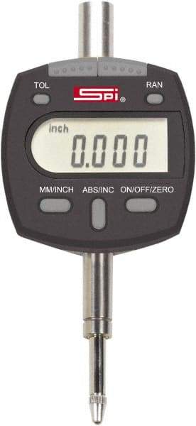 SPI - 0 to 1/2" Range, 0.00005" Graduation, Electronic Drop Indicator - Flat & Lug Back, Accurate to 0.00016", Inch & Metric System, Digital Display - Eagle Tool & Supply