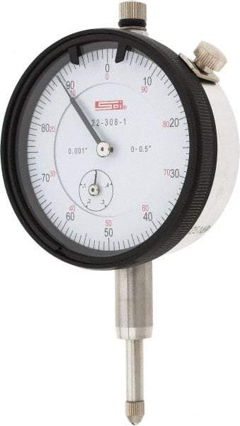 SPI - 1/2" Range, 0-100 Dial Reading, 0.001" Graduation Dial Drop Indicator - 2.2" Dial, 0.1" Range per Revolution, 0.002" Accuracy, Revolution Counter, Includes NIST Traceability Certification - Eagle Tool & Supply