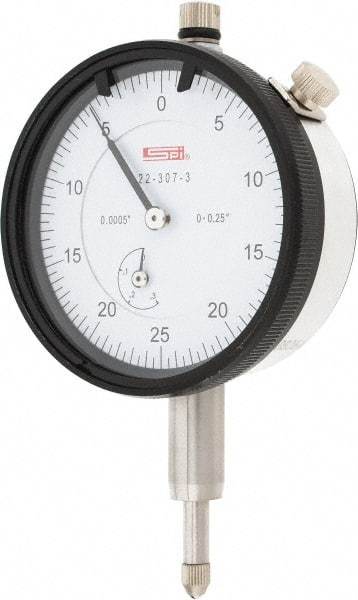 SPI - 1/4" Range, 0-25-0 Dial Reading, 0.0005" Graduation Dial Drop Indicator - 2.2" Dial, 0.05" Range per Revolution, 0.0015" Accuracy, Revolution Counter, Includes NIST Traceability Certification - Eagle Tool & Supply