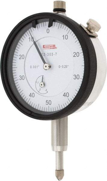 SPI - 1/4" Range, 0-50-0 Dial Reading, 0.001" Graduation Dial Drop Indicator - 2.2" Dial, 0.1" Range per Revolution, 0.002" Accuracy, Revolution Counter - Eagle Tool & Supply