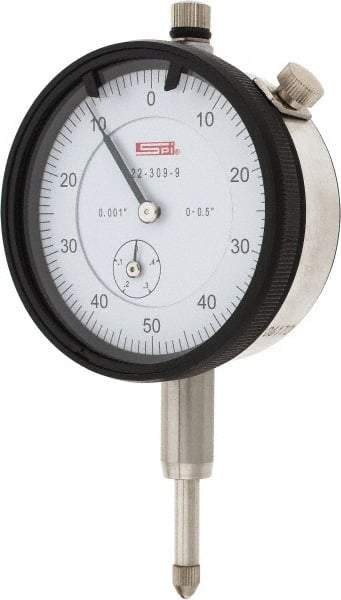 SPI - 1/2" Range, 0-50-0 Dial Reading, 0.001" Graduation Dial Drop Indicator - 2.2" Dial, 0.1" Range per Revolution, 0.002" Accuracy, Revolution Counter, Includes NIST Traceability Certification - Eagle Tool & Supply