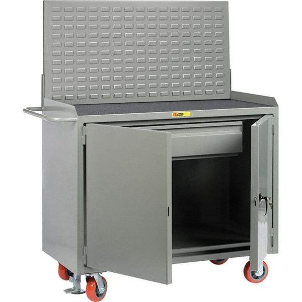 Little Giant - 3,600 Lb Capacity, 2 Shelf, 1 Drawer, 2 Door Mobile Bench Cabinet with Louvered Panel - 53" Wide x 24" Deep x 43" High, Steel, Gray - Eagle Tool & Supply