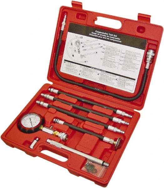 Lang - 8 Piece Dial Engine Compression Test Kit - 300 Max Pressure, 0 to 300 PSI (0 to 21 Kg/cm2) Scale - Eagle Tool & Supply