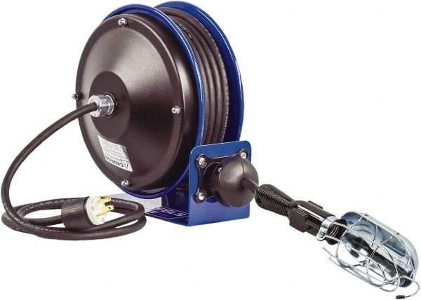 CoxReels - 16 AWG, 30' Cable Length, Cord & Cable Reel with Incandescent Hand Lamp with Tool Tap Plug End - 1 Outlet, NEMA 5-15R, 13 Amps, 115 Volts, SJTO Cable, Blue Reel, Spring Driven Reel - Eagle Tool & Supply