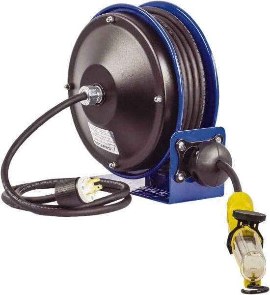 CoxReels - 16 AWG, 30' Cable Length, Cord & Cable Reel with Fluorescent Angle Light with Tool Tap Plug End - 1 Outlet, NEMA 5-15R, 13 Amps, 115 Volts, SJTO Cable, Blue Reel, Spring Driven Reel - Eagle Tool & Supply