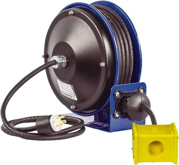 CoxReels - 12 AWG, 30' Cable Length, Cord & Cable Reel with Quad Outlet End - 4 Outlets, NEMA 5-20R, 20 Amps, 115 Volts, SJO Cable, Blue Reel, Spring Driven Reel - Eagle Tool & Supply