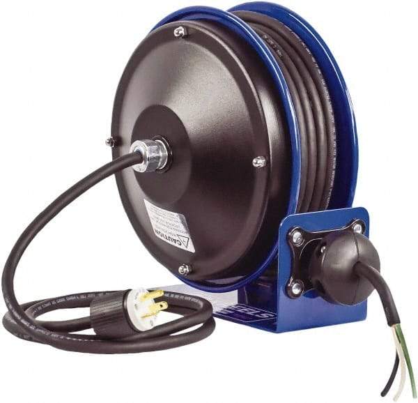 CoxReels - 16 AWG, 30' Cable Length, Cord & Cable Reel with Bare End - 0 Outlets, 13 Amps, 300 Volts, SJO Cable, Blue Reel, Spring Driven Reel - Eagle Tool & Supply