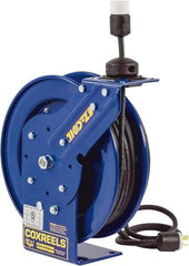 CoxReels - 12 AWG, 50' Cable Length, Cord & Cable Reel with Quad Outlet End - 4 Outlets, NEMA 5-20R, 20 Amps, 115 Volts, SJO Cable, Blue Reel, Spring Driven Reel - Eagle Tool & Supply