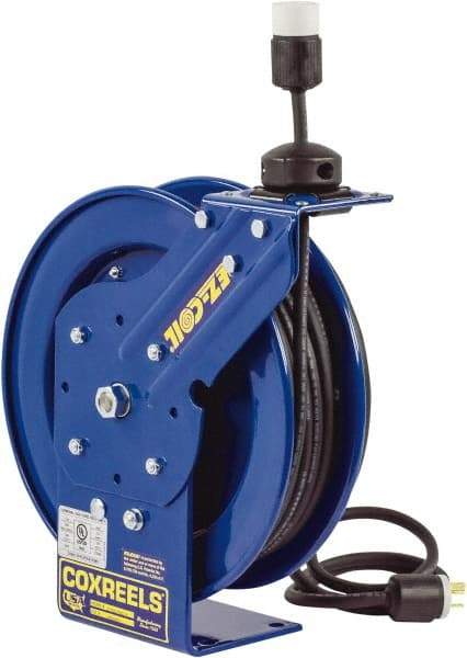 CoxReels - 16 AWG, 50' Cable Length, Cord & Cable Reel with Incandescent Hand Lamp with Tool Tap Plug End - 1 Outlet, 13 Amps, 115 Volts, SJTO Cable, Blue Reel, Spring Driven Reel - Eagle Tool & Supply