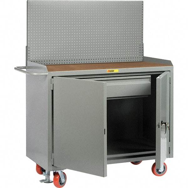Little Giant - 3,600 Lb Capacity, 2 Shelf, 1 Drawer, 2 Door Mobile Bench Cabinet with Pegboard Panel - 41" Wide x 24" Deep x 43" High, Steel, Gray - Eagle Tool & Supply