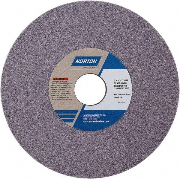 Norton - 7" Diam x 1-1/4" Hole x 1/4" Thick, K Hardness, 60 Grit Surface Grinding Wheel - Aluminum Oxide, Type 1, Medium Grade, Vitrified Bond - Eagle Tool & Supply