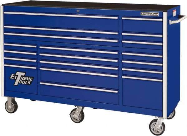 EXTREME TOOLS - 19 Drawer Steel/Aluminum Tool Roller Cabinet - 72" Wide x 47" High x 25" Deep, Ball Bearing Drawer Slides, Blue - Eagle Tool & Supply