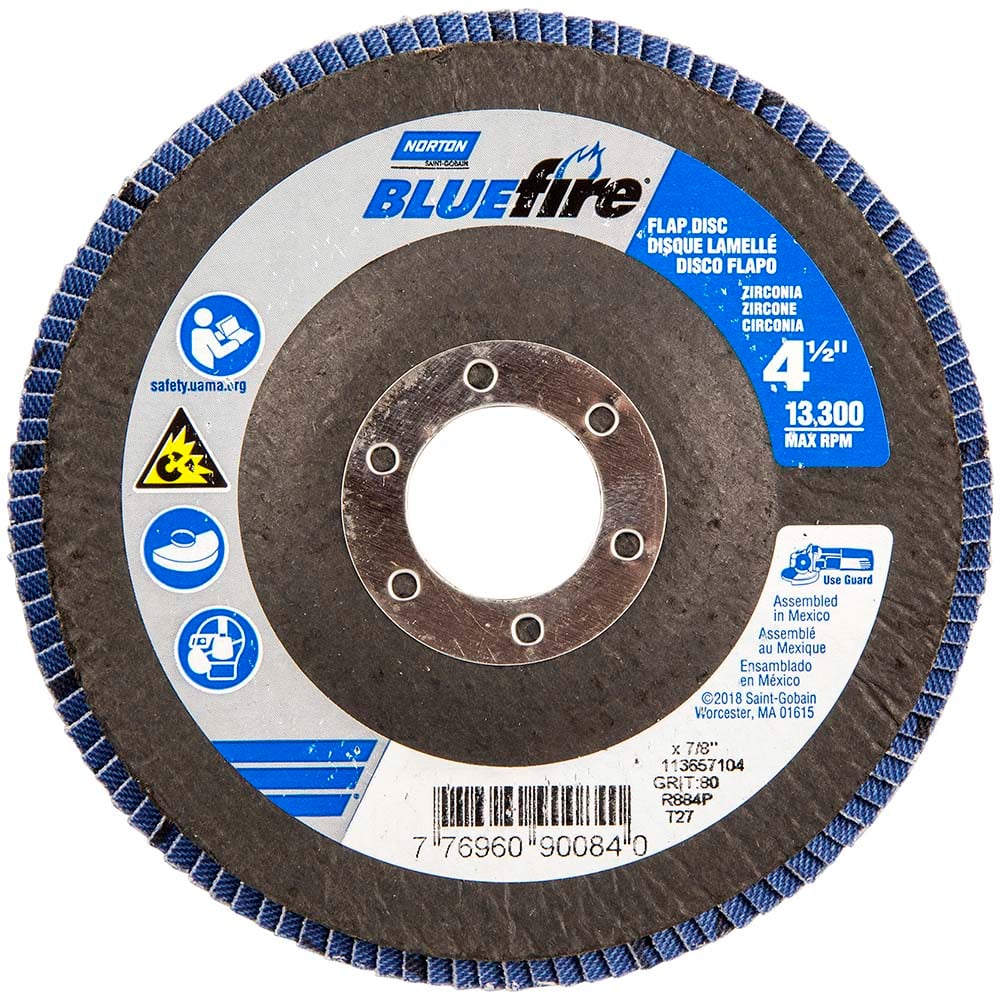 Norton - 4-1/2" 80 Grit 7/8" Center Hole Type 27 Zirconia Alumina Flap Disc - Eagle Tool & Supply