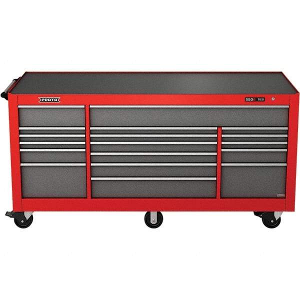 Proto - 48,654 Lb Capacity, 18 Drawer Mobile Power Workstation - 88-1/4" Wide x 27" Deep x 46-3/8" High, Steel, Safety Red & Gray - Eagle Tool & Supply