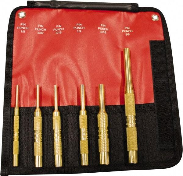 Mayhew - 6 Piece, 1/8 to 3/8", Pin Punch Set - Round Shank, Brass, Comes in Pouch - Eagle Tool & Supply