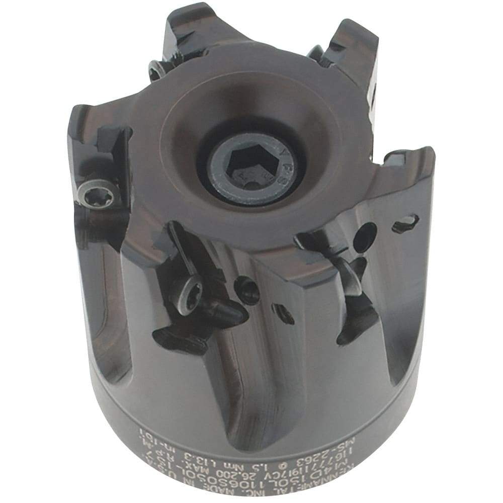 Kennametal - 6 Inserts, 1-1/2" Cut Diam, 1/2" Arbor Diam, 11mm Max Depth of Cut, Indexable Square-Shoulder Face Mill - 0° Lead Angle, 40mm High, LNGU110408SRGE Insert Compatibility, Through Coolant, Series Mill 4-11 - Eagle Tool & Supply