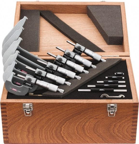 SPI - 0 to 6" Range, 6 Piece Mechanical Outside Micrometer Set - 0.0001" Graduation, 0.0001, 0.0002" Accuracy, Ratchet Stop Thimble, Carbide Face - Eagle Tool & Supply